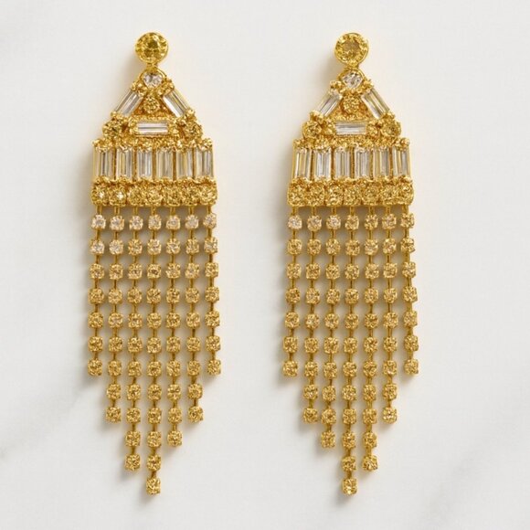 Eisenberg Jewelry - Vtg Eisenberg Ice Gold Rhinestone Fringe Statement Earrings 2.75" Sparkly NOS